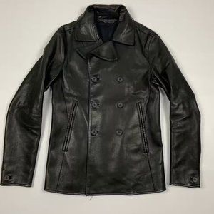 Allsaints lamb black leather peacoat (missing button) - size medium